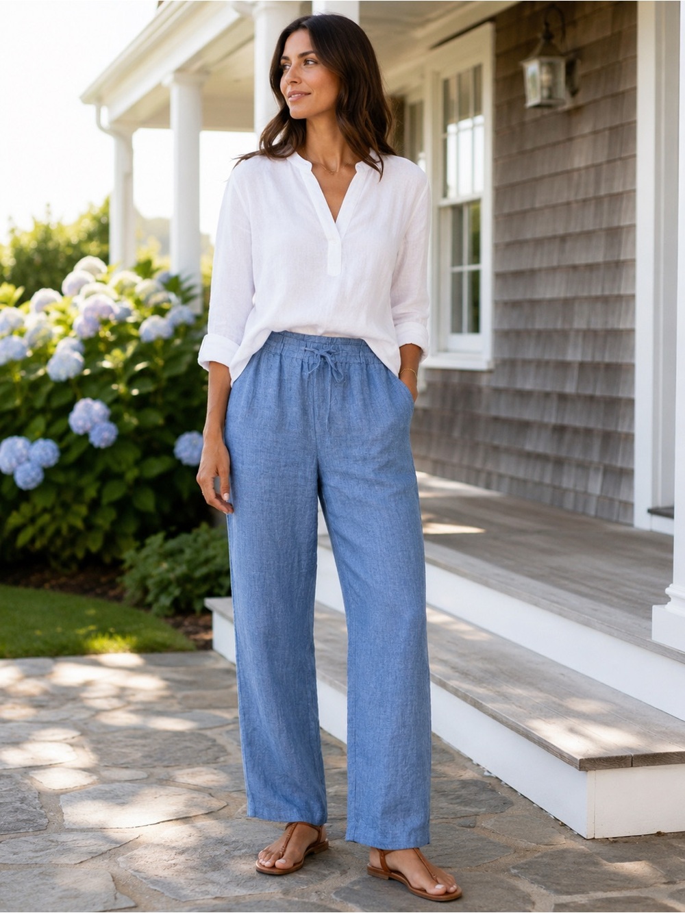 Charter Club 100% Linen Pull On Wide Leg Pants Blue Large - Picture 3 of 13